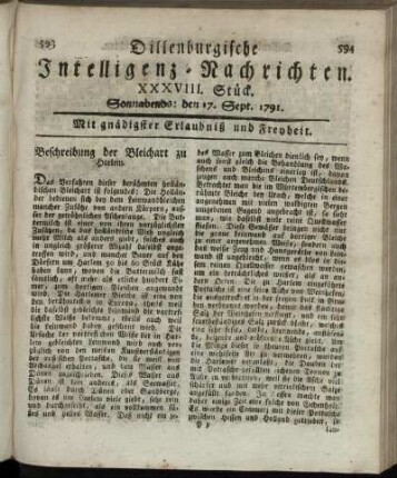XXXVIII. Stück. Sonnabends: den 17. Sept. 1791.