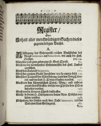 Register/ Oder Inhalt aller merckwürdigen Sachen dieses gegenwärtigen Buchs.