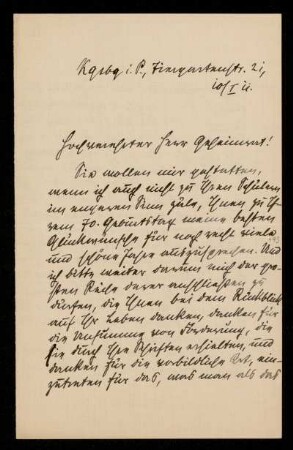 Brief von Wilhelm Stolze an Otto von Gierke, Königsberg, 10.1.1911