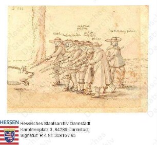 Jagd, Niddaer Sauhatz / Bild 65: Jäger machen Front gegen eine angreifende Sau / Jagdgesellschaft, den Angriff eines Keilers abwartend / v.l.n.r.: [Wilhelm] Schetzel [von Merzhausen] (1582-1637), Marschalg [= Kuno Quirin Schütz v. Holzhausen (1580-1637)], Bereiter [Johann Schott], Landgraf Georg [II. v. Hessen-Darmstadt] (1605-1661), Landgraf Philipp [v. Hessen- Butzbach] (1581-1643), Hoffmeister [Philipp Wilhelm v. Lindau (+ 1644)], Landgraf Friedrich [v. Hessen-Darmstadt] (1616-1682)