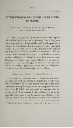 Méthode d'Huyghens pour calculer les logarithmes des nombres.
