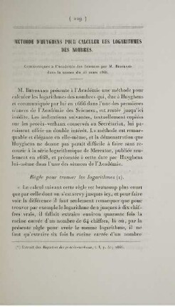 Méthode d'Huyghens pour calculer les logarithmes des nombres.