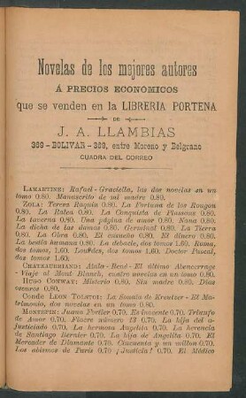 Novelas de los mejores autores á precios económicos que se venden en la Librería Portena de J. A. Llambias