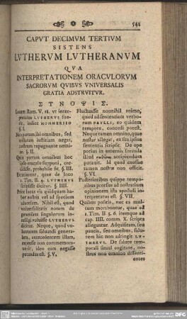 Caput Decimum Tertium Sistens Lutherum Lutheranum Qua Interpretationem Oraculorum Sacrorum Quibus Universalis Gratia Adstruitur