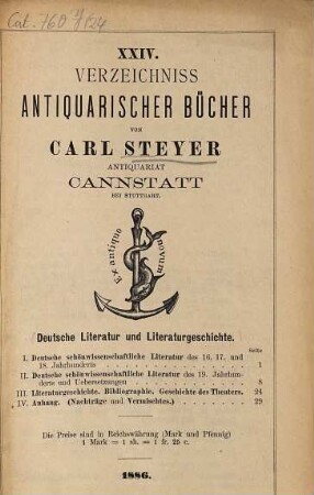 Verzeichniss antiquarischer Bücher von Carl Steyer, Antiquariat, Cannstatt bei Stuttgart. 24. 1886
