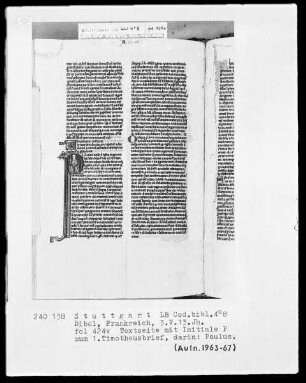 Lateinische Taschenbibel — Initiale P (aulus), darin der Apostel Paulus, Folio 424verso
