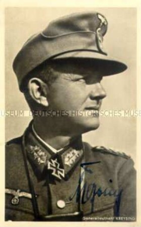 Autogrammpostkarte von Ritterkreuzträgern des Zweiten Weltkriegs: Generalleutnant Kreysing