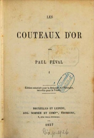 Les Couteaux d'or : Par Paul Féval, 1