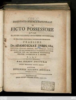 Dissertatio Ivridica Inavgvralis De Ficto Possessore