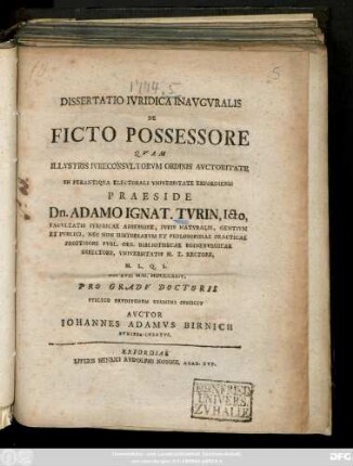 Dissertatio Ivridica Inavgvralis De Ficto Possessore