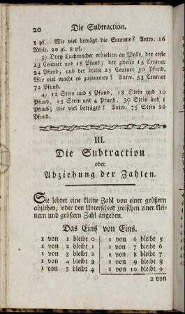 III. Die Subtraction oder Abziehung der Zahlen.