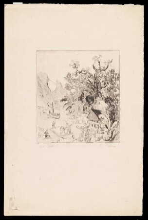 Radierung des Künstlers Rudi Lesser, o.T. (Südseegeschichte), 1925