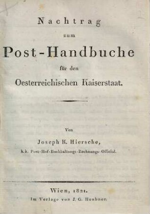 Nachtrag zum Post-Handbuche für den Oesterreichischen Kaiserstaat