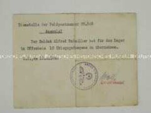 Bescheinigung für einen Soldaten zur Abholung von Kriegsgefangenen aus einem Lager