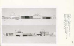Seefahrtschule, Kiel-Friedrichsort (Diplomarbeit bei Bernhard Hermkes): Mensa, Schule, Kommandobrücke, Funkerklassen, Sternwarte, Ansicht von Norden und Schnitte 1:200