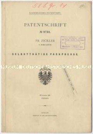 Patentschrift einer selbsttätigen Packpresse, Patent-Nr. 9731