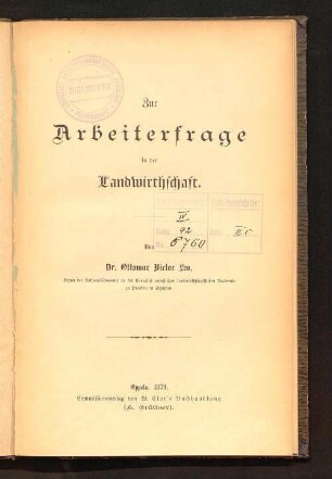 Zur Arbeiterfrage in der Landwirthschaft