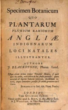 Specimen botanicum : Plantarum Angliae indigenarum
