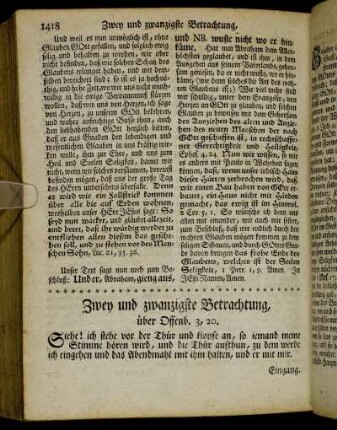 Zwey und zwanzigste Betrachtung, über Offenb. 3, 20. - Vier und zwanzigste Betrachtung, über Offenb. 20, 6.
