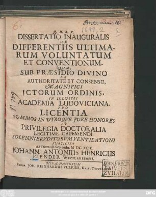 Dissertatio Inauguralis De Differentiis Ultimarum Voluntatum Et Conventionum