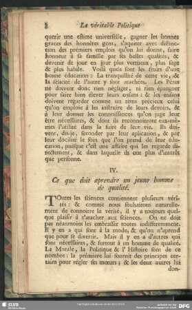 IV. Ce que doit aprendre un jeune homme de qualité