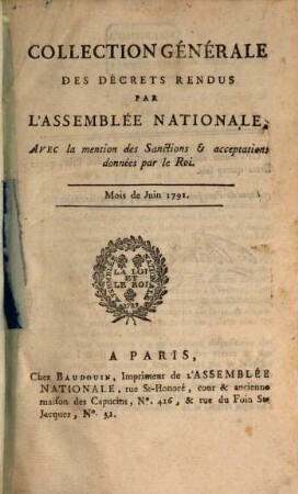 Collection générale des décrets rendus par l'Assemblée Nationale. 15. 1791