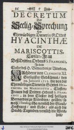 Decretum Der Seelig-Sprechung Der Ehrwürdigen Dienerin GOttes Hyacinthae De Mariscottis.