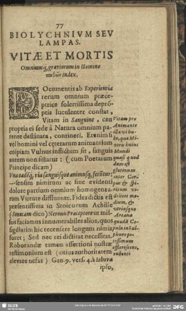 Biolychnium seu Lampas. Vitae Et Mortis : Omniumq[ue] graviorum in Honine pathoy index