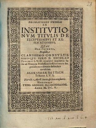 Deliberationes Ivridicae Ex Institvtionvm Titvlis De Exceptionibvs Et Replicationibvs