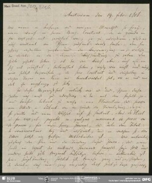 Eigenh. Brief von Friedrich Arnold Brockhaus an August Wilhelm von Schlegel, Amsterdam, 19.02.1808