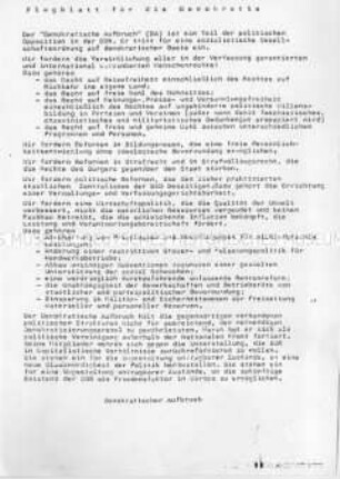 Aufruf des Demokratischen Aufbruch (DA) mit Forderungskatalog zur demokratischen Erneuerung in der DDR - Sachkonvolut