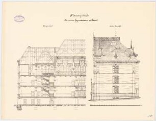 Gymnasium, Kassel Klassengebäude: Längenschnitt, Seitenansicht 1:100