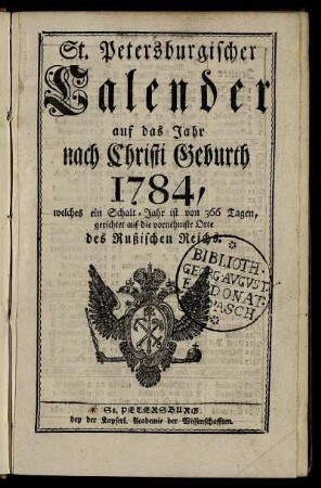1784: St. Petersburgischer Calender auf das Jahr nach Christi Geburth 1784