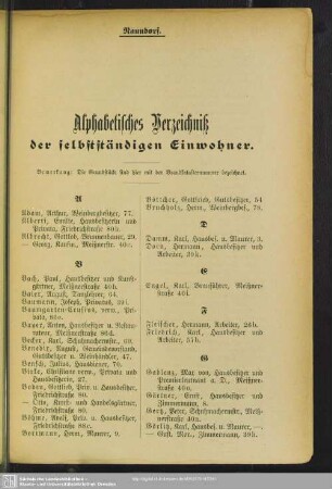 Einwohnerverzeichnis : Alphabetisches Verzeichniß der selbstständigen Einwohner