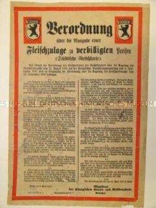 Maueranschlag: Verordnung über die Ausgabe einer Fleischzulage zu verbilligten Preisen