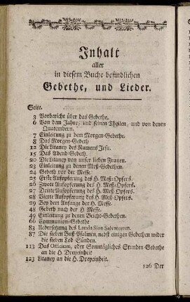 Inhalt aller in diesem Buche befindlichen Gebethe, und Lieder