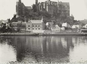 Meißen. Burgberg mit Albrechtsburg und Dom. Ansicht vom rechten Elbufer (von Osten)