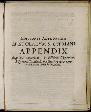 Editionis Altdorfinœ Epistolarum S. Cypriani Appendix [...]