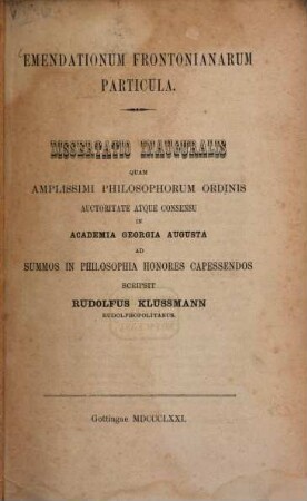 Emendationum Frontonianarum particula : Diss. inaug.