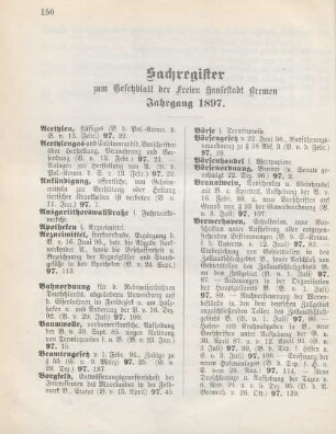 Sachregister zum Gesetzblatt der Freien Hansestadt Bremen Jahrgang 1897