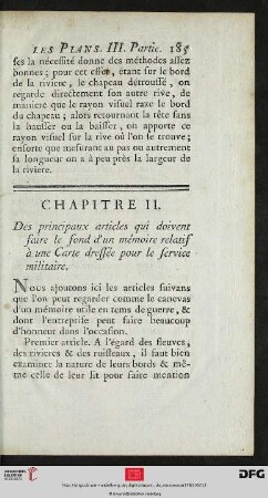 Chapitre II. Des principaux articles qui doivent faire le fond d’un mémoire relative à une Carte dressée pour le service militaire