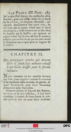 Chapitre II. Des principaux articles qui doivent faire le fond d’un mémoire relative à une Carte dressée pour le service militaire