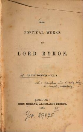 The poetical works of Lord Byron : In 10 vol.. 1