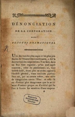 Dénonciation De La Corporation Des Auteurs Dramatiques