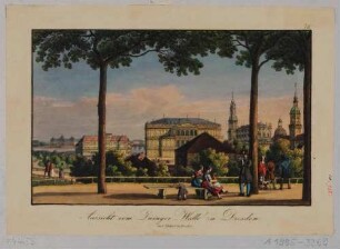 Dresden, Stadtansicht vom Zwingerwall nach Nordosten mit Japanischem Palais, Hotel Bellevue (Calberlasche Zuckersiederei), erster Semperoper und den Türmen der Altstadt