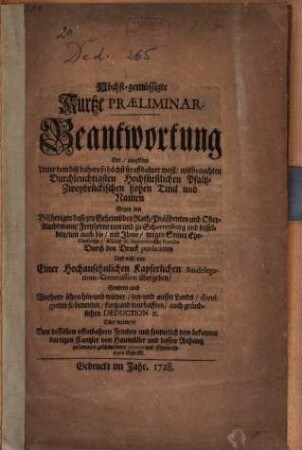 Höchst-gemüssigte kurze Praeliminar-Beantwortung : [Zweybrück contra Schorrenburg]