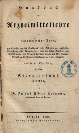 Handbuch der Arzneimittellehre in katechet. Form