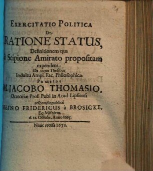 Exercitatio Politica De Ratione Status : Definitionem ejus a Scipione Amirato propositam expendens
