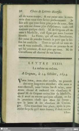 Lettre XXXII. La même au même. A Grignan, le 14. Octobre, 1694