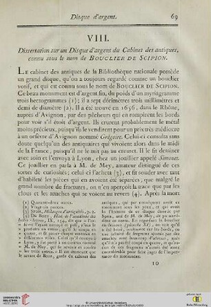 VIII. Dissertation sur un Disque d’argent du Cabinet des antiques, connu sous le nom de Bouclier de Scipion